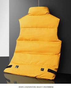 Rear view of yellow padded vest featuring stand collar and side buckle details