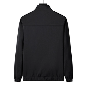 Back view of black men's casual stand collar jacket with windproof fabric and ribbed hem