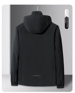 Rear view of a black women's hooded windbreaker featuring elastic cuffs and reflective details