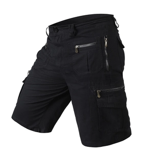 Men's loose multi-pocket cargo shorts in black cotton fabric with zip details