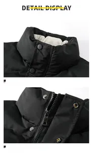 Detailed close-up of matte black metal snap buttons and zipper on winter vest