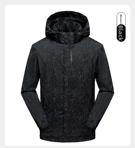 Détails de la veste imperméable noire pour femme avec motif tropical de palmier discret