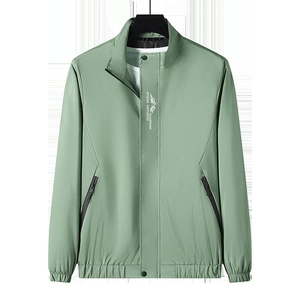 Men's casual stand collar jacket in sage green with zipper pockets and ribbed cuffs