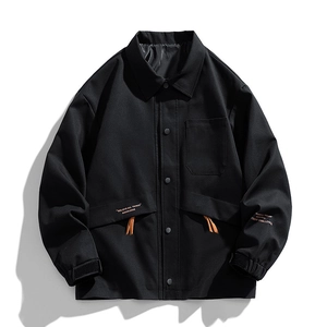 Men's black cargo jacket with lapel collar and classic button-down workwear style
