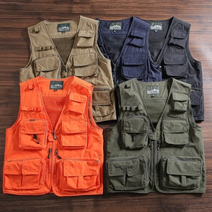 Flat lay of multi-pocket tactical vests in five colors with mesh lining and D-rings