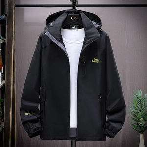 Men's black waterproof outdoor jacket with windbreaker hood and outdoorsport logo print