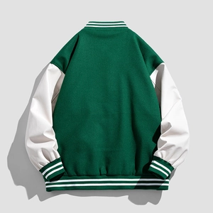 Men's stylish green and white varsity jacket with striped ribbing from back view