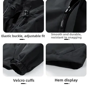 Detail view of adjustable hood cord, fashion zipper, velcro cuff and hem on outdoor jacket