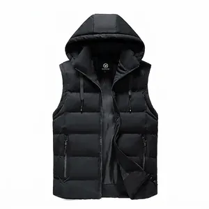 Men's winter hooded quilted vest in black windproof fabric with front zipper
