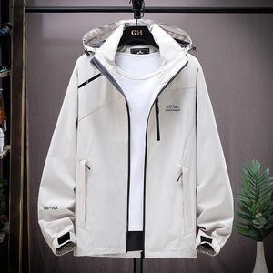 Outdoor waterproof men's windbreaker jacket in ivory white with functional hood and pockets