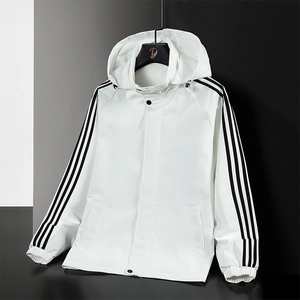Men Sporty Windproof Jacket Hooded Outerwear Three Stripes Long Sleeve Lightweight Coat For Spring Autumn Casual Tops