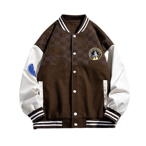 Vintage brown and white patchwork baseball jacket with Space Shuttle Mission embroidery
