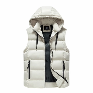 Men's hooded winter puffer vest in beige with black zipper and insulated padding
