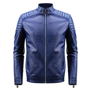 Men's navy blue faux leather jacket with stand collar and quilted shoulder details