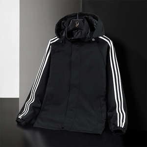 Men's stylish black hooded windbreaker jacket featuring three white stripes on sleeves