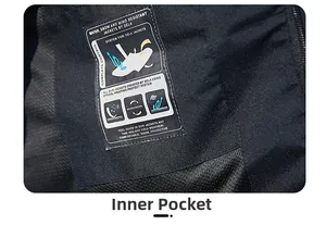 Detail of inner mesh pocket on black jacket showing wind and water resistant labels