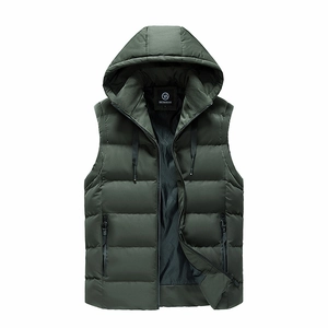 Men's dark green hooded puffer vest with quilted panels and zipper closure for winter