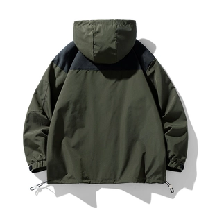 Veste à capuche imperméable de plein air, vert militaire et noir, vue de dos