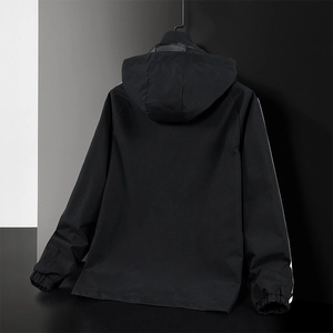 Men's fashion hooded sports jacket in black with white side stripes, back view display