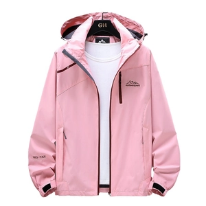 Pink waterproof outdoor windbreaker jacket for women with hood and mountain logo