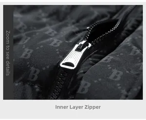 Detailed macro view of placket inner zipper and B-pattern texture on winter vest