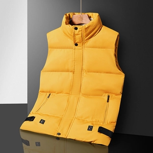 Men's yellow stand-collar quilted vest with snap buttons and secure zipper pockets