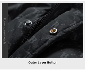 Macro detail of outer placket buttons and monogram fabric on black puffer vest