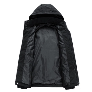 Men's black hooded sports jacket with zip closure and windproof fabric on white background