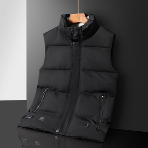 Men's winter black padded vest with stand collar and quilted texture in matte finish
