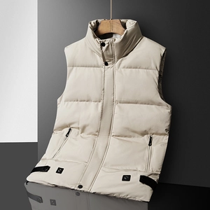 Men's winter thick padded vest with quilted design and stand collar in beige color