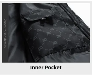 Close-up of winter vest inner pocket with monogram lining and size L tag detail