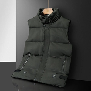 Men's winter olive green padded vest with stand collar and quilted warm insulation