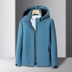 Men's outdoor hooded jacket in grey-blue with zipper pockets and adjustable cuffs