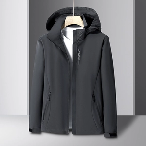 Dark grey hooded outdoor jacket for men with EXPLORE print and zip pockets