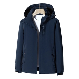 Men's navy blue windbreaker jacket with hooded design and adjustable velcro cuffs