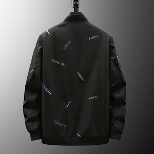 Blouson aviateur noir pour homme avec imprimés lettres colorés et col montant classique