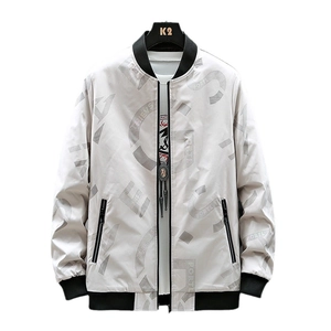 Veste homme col baseball avec imprimés lettres gris et fermeture tête de lion argentée