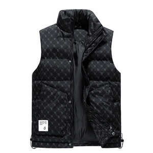 Men's black puffer vest with stand collar, quilted letter print, and matte finish