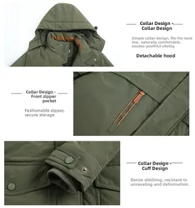 Detail of army green winter parka showing detachable hood and ribbed windproof cuffs