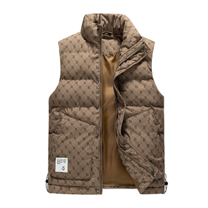 Men's winter puffer vest with B-monogram pattern and stand collar in brown