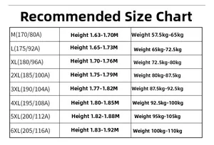 Men's winter padded jacket size guide chart with height and weight measurements