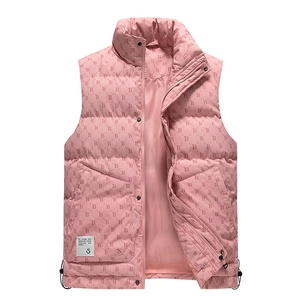 Pink stand collar quilted puffer vest with all-over monogram pattern for men