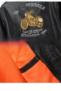 Detail of bike theme back embroidery and internal pocket on black PU leather jacket