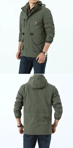 Vorder- und Rückansicht der militärgrünen Kapuzenjacke mit Taschen und Kordelzug