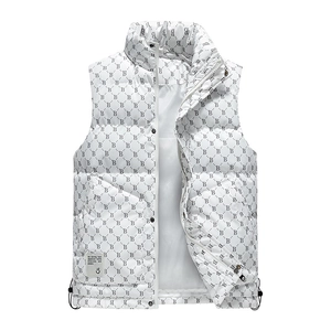 Winter men's white quilted vest with stand collar and gray B-letter monogram print