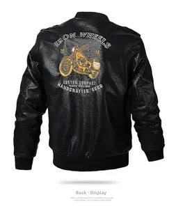 Detail of vintage iron wheels motorcycle print on black PU leather biker jacket back