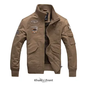 Detailed front view of khaki bomber jacket with military embroidery and ribbed cuffs