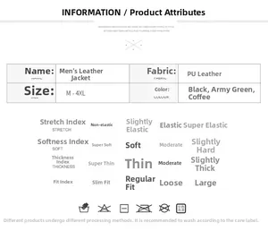 Size chart and fabric details for men's PU leather varsity bomber jacket in sizes M to 4XL