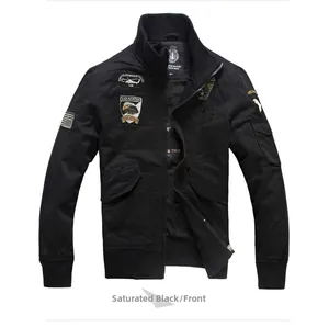 Front view of black bomber jacket featuring intricate military eagle embroidery and ribbed cuffs