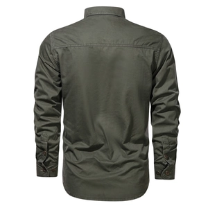 Chemise de travail homme vert militaire en coton à manches longues avec coutures renforcées